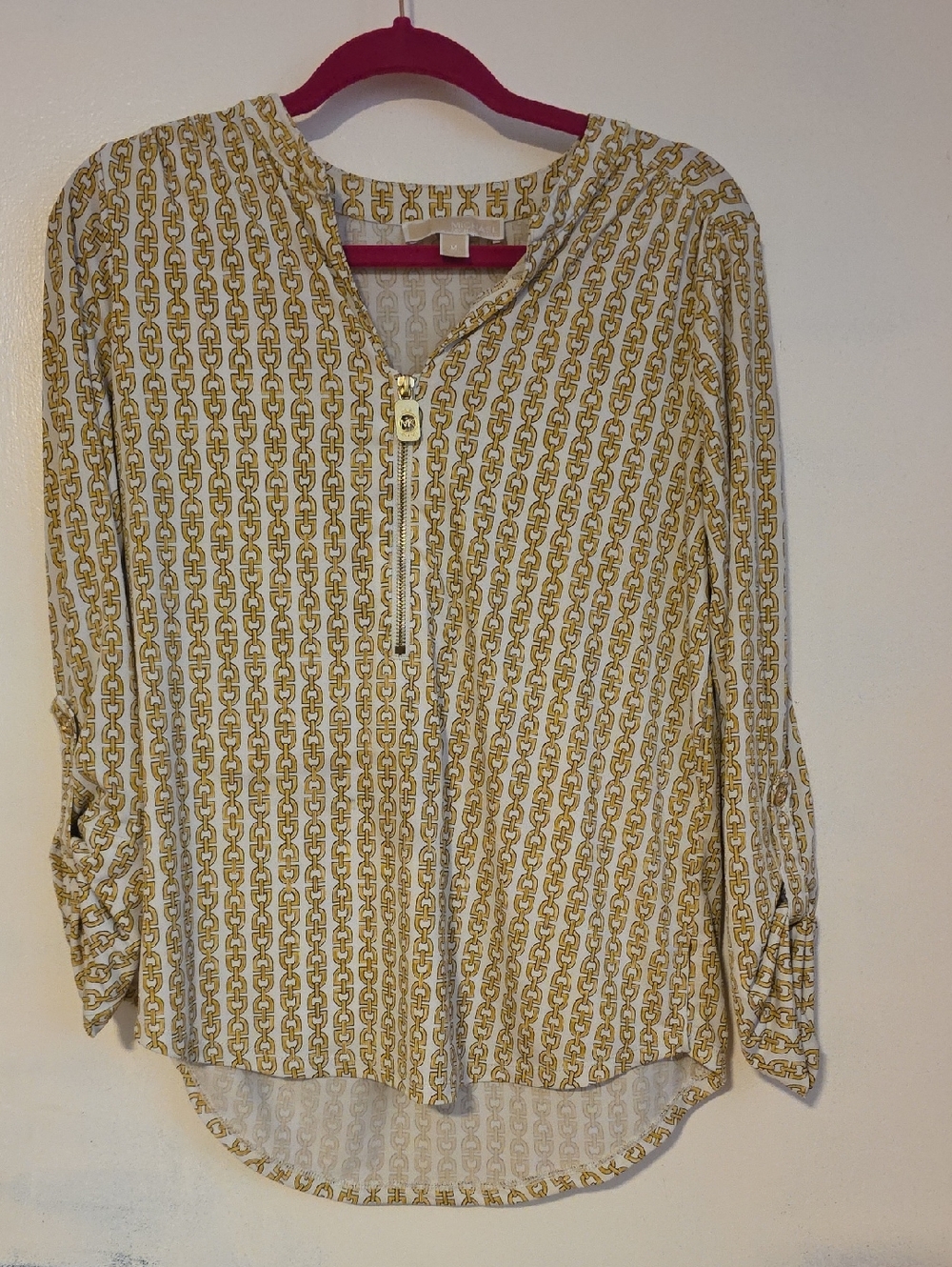 MICHAEL Michael Kors White and Gold Chain-Print Zip Blouse